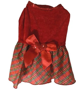 Medium Pet Dog Red Velvet Plaid Christmas Dress Glitter Bow  - Image 1 of 4