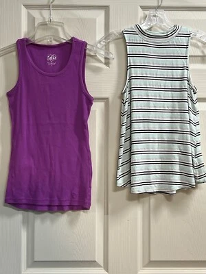 Lot of 2 Justice Purple and Green/Black/Silver Tank Tops - Size 12 - VGUC - Image 1 of 4