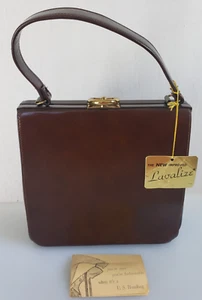 Vintage NWT Lavalize Brown Leather Frame Purse Leather Lining Goldtone Clasp USA - Picture 1 of 12
