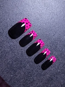 Custom Gel Press on Nails Handmade 10 pc set SMALL Neon Pink Polkadot - Picture 1 of 7