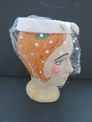 1950s White Ring Hat with Polka Dot Veil - White Velvet Hat with Veil - Image 1 of 4