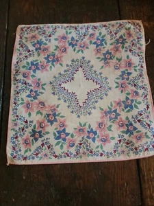Vintage 11" Handkerchief White W/ Pink, Blue, And Burgundy Floral Pattern - Picture 1 of 4
