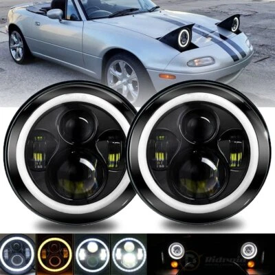 Pair Halo Angle Eyes 7" Round LED Headlights For Porsche 911 912 914 924 928 944 - Image 1 of 4
