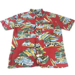 KAD Clothing Company Hawaiian Shirt Woody Car Mens Medium Red Graphic Aloha
