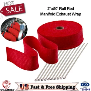 2"x50' Roll Red Exhaust Wrap Manifold Header Fiberglass Heat Wrap Tape W/ 10 Tie - Picture 1 of 12