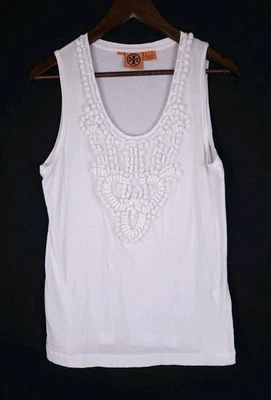 Tory Burch Size Medium White Cotton Scoop Neck Tank Knot Geo Detail - Image 1 of 4