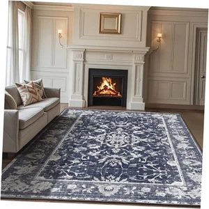 Machine Washable 8x10 Area Rug Vintage Blue Floral Living Room Rug Faux Wool - Picture 1 of 8