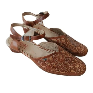 Pikolinos Brandy Damen-Ledersandalen lasergeschnitten 11 hellbraun Blumenmuster niedriger Absatz " - Bild 1 von 13
