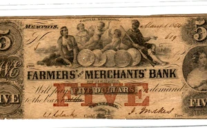 $5 "FARMERS & MERCHANTS BANK" (MEMPHIS) "BEAUTY" $5 "TENNESSEE" 1800S (MEMPHIS) - Picture 1 of 3