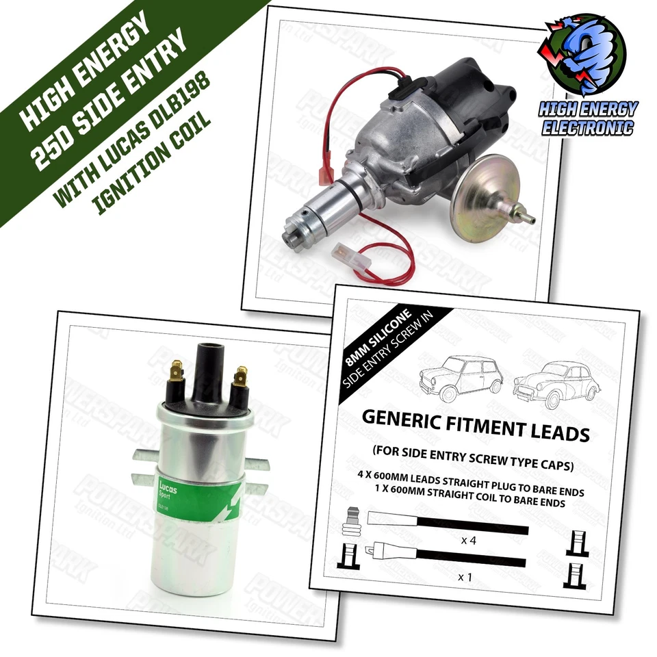 Lucas 25D Electronic Distributor Side Entry Cap Sports Coil 8mm Black HT Leads - Image 1 of 4