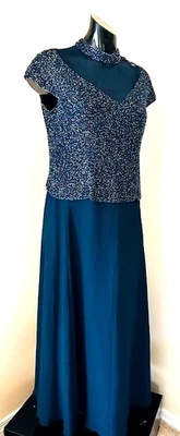 JKara Vestido Largo Formal Vestido de Noche Talla 12 Azul Adorno Brillante Cuentas Top Foto 1 de 4