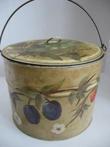 Vintage Tin Lunch Pail Hand Painted Primitive 7 1/2" Diameter Canister Fruit - Picture 1 of 8
