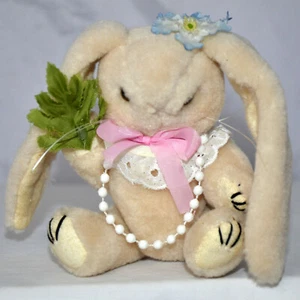 Beige 5 Inch Bunny Wearing Pink Bow, Necklace, Flower, for Spring, Easter - Picture 1 of 2