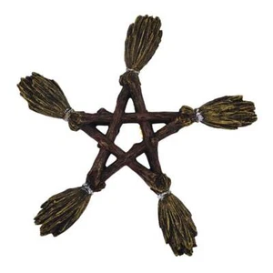 Broom Pentagram 6-3/4" Painted Resin Wicca Pagan Gothic Witchy Wall Altar Decor - Picture 1 of 1