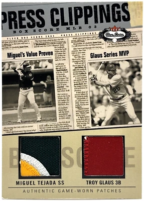 2003 Fleer Box Score - Miguel Tejada, Troy Glaus - Press Clipping GU Patch /150 - Image 1 of 2