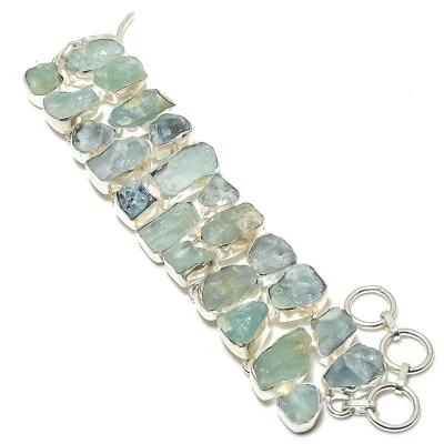Rough Aquamarine Gemstone 925 Sterling Silver Handmade Bracelet Grandma Jewelry - Image 1 of 4