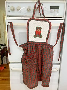 VTG Apron Plaid w/ Pocket, Teddy Bear on bib, Ties CUTE! - Picture 1 of 8
