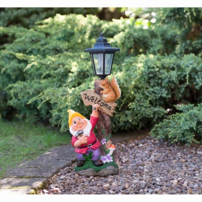 Solar Powered Yellow Gnome Led Lamp Post Garden Outdoor Light Up Ornament Statue - Image 1 of 4