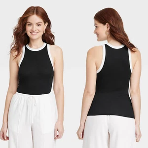 XL - Womens Slim Fit Ribbed High Neck Tank Top - A New Day - Black White - Picture 1 of 7
