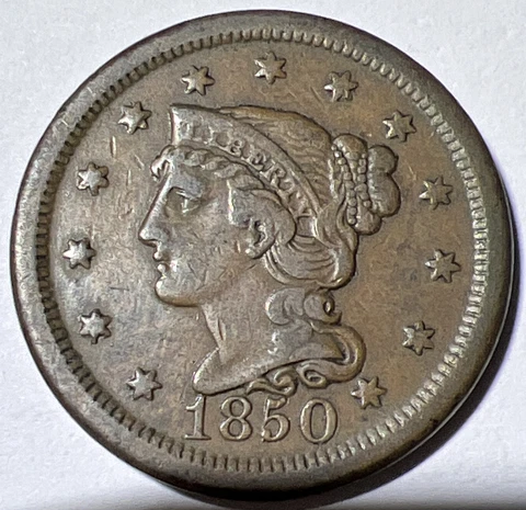 VF+ 1850 Braided Hair Large Cent -Very Fine -US Type Coin- Coin Shown Ships H2 Cover