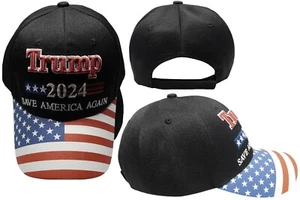 Trump 2024 Save America Again Black With USA Flag Bill Embroidered Cap Hat - Picture 1 of 6