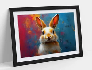 CUTE BUNNY RABBIT PINK AND BLUE PAINTING -FRAMED ART POSTER PAPER PRINT - Picture 1 of 10