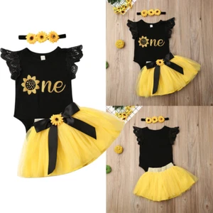 Girls Baby 1st Birthday Outfit Party Tutu Skirt Romper Dress Headband Cake Smash - Picture 1 of 8