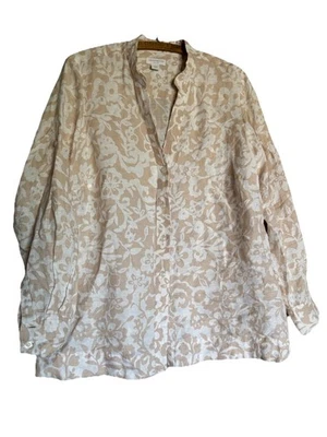 Camisa Blusa Charter Club 14W 100% Lino Botón Floral Brillante Roll Tab Resort Foto 1 de 4