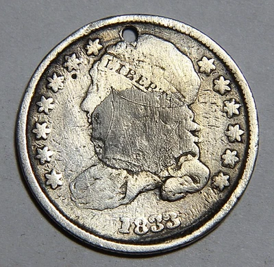 Монета номиналом 10 центов США 1833 с отверстием -5294- - Изображение 1 из 2