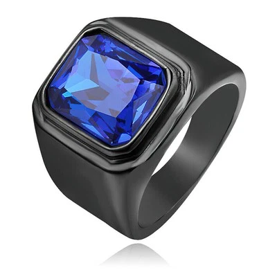 Hombres Mujeres Negro Acero Inoxidable Piedra Azul Anillo Alianza Boda Talla 7-12 Regalo Foto 1 de 4