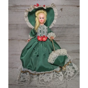 Vintage Victorian Satin Dress Blinking Eye Doll Made in Italy Green Parasol - Picture 1 of 10