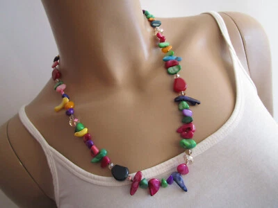 Collier Halskette Modekette kurz Perlmutt Silber Bunt Statement Blogger Strass V - Bild 1 von 3