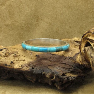 Sterling Silver Hinged Inlaid Turquoise Bangle Bracelet - Picture 1 of 6