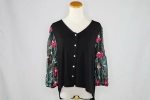Kim & Cami black sweater with sheer sleeves with embroidered flowers Ladies M - Picture 1 of 3