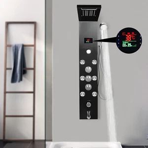 Panel de ducha LED negro columna torre acero inoxidable lluvia masaje cuerpo chorros mezclador - Imagen 1 de 21
