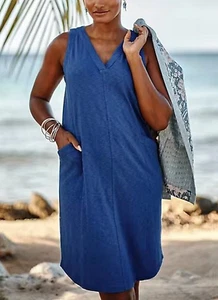 NWT J Jill Sz 2X Sleeveless V-Neck Knit Dress Cotton Tencel Pockets Blue $79 - Picture 1 of 10