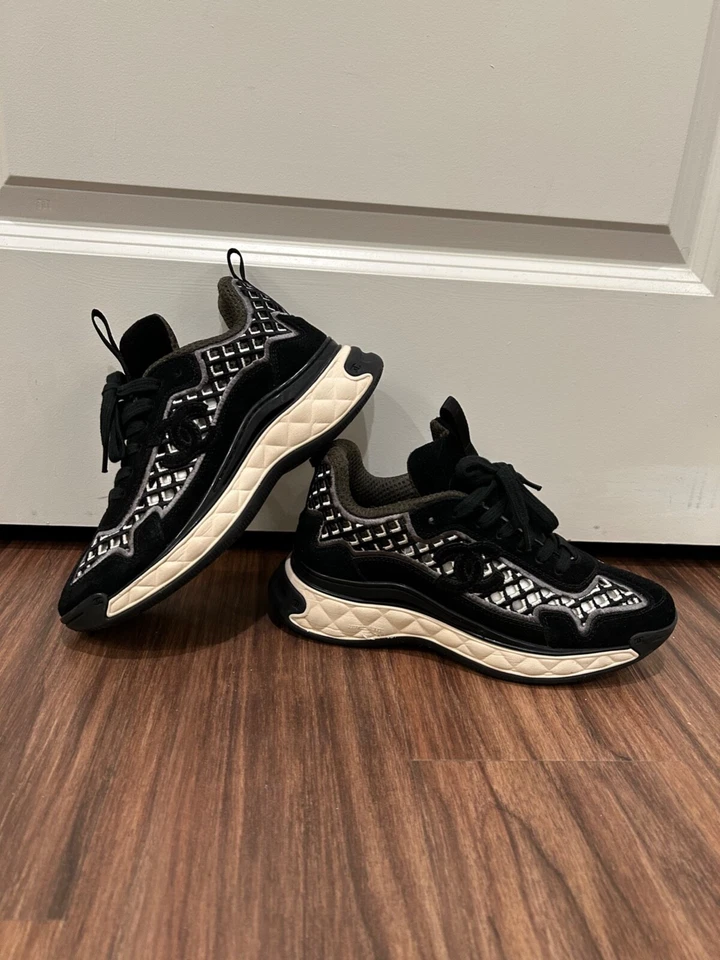 Chanel Black Suede & Fabric Interlocking Shoe Size 38 G37126 - Image 1 of 4