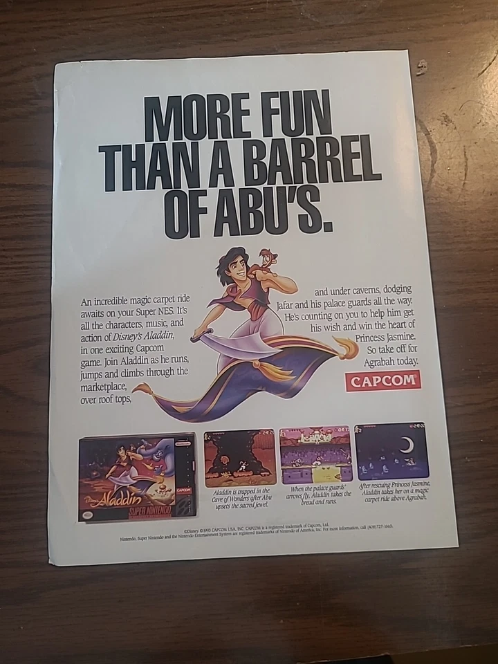 Aladdin Super Nintendo Video Game Print Ad 1994 8x11 Great To Frame    - Image 1 of 1