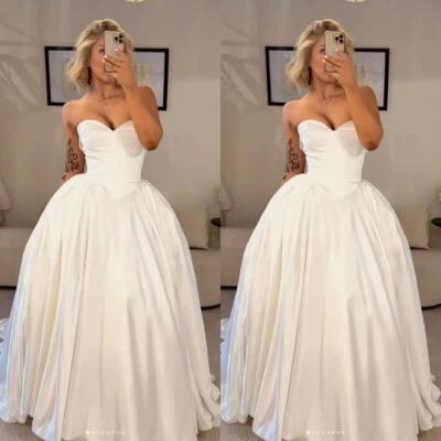 Simple Wedding Dresses Sweetheart Satin White Ivory Sweep Train Bridal Gowns - Image 1 of 4