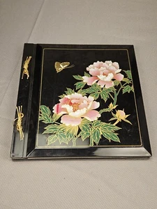 Vintage Oriental Black Lacquer Photo/Scrap Book Album - Flowers and Butterfly - Picture 1 of 4