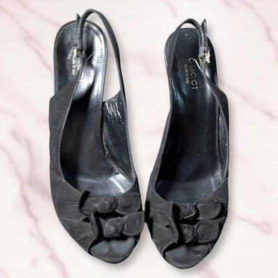 Gucci Black Suede Bow Slingback Heels Peep Toe Stiletto Shoes Size 36.5 - Image 1 of 4