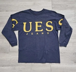 GUESS Vintage Boy's Navy Blue Gold Logo Longsleeve Shirt Size Medium 12/14 - Picture 1 of 6