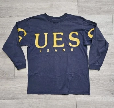 Camisa manga larga GUESS vintage para niño azul marino dorado con logotipo talla mediana 12/14 Foto 1 de 4