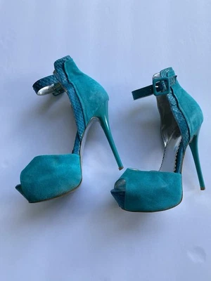 BEBE Vintage Peacock Blue Stiletto Heels Platform Shoes Suede Leather Size 8M - Image 1 of 4