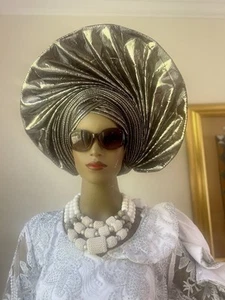 Gray Mentalic Auto Gele, African Headgear, Auto gele, - Picture 1 of 7