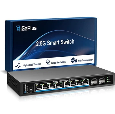 GIGAPLUS 2.5Gb Unmanaged Ethernet Switch w 8*2.5G BaseT Ports 2*10G SFP+Ports - Image 1 of 2