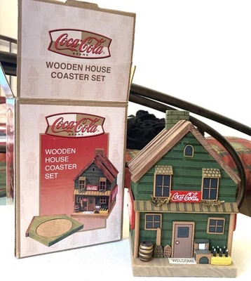 Vintage Set Of 5 Coca-Cola Coasters Wooden General Store Themed Holder 1999 - Image 1 of 4