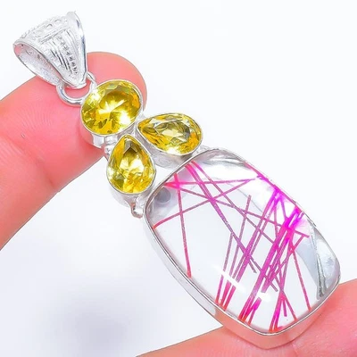 Rosa Rutilo Quarzo, Citrino Gemma 925 Argento Sterling Ciondolo Gioielli 6.3cm - Immagine 1 di 4