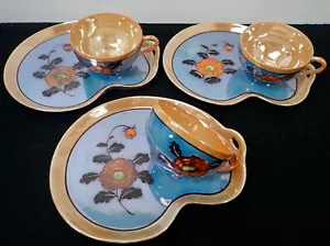 (6) Stck. Vintage TV Snack Tablett & Tassen Glanz Glanz Ware mit orientalischen Mohnblumen Japan - Bild 1 von 7