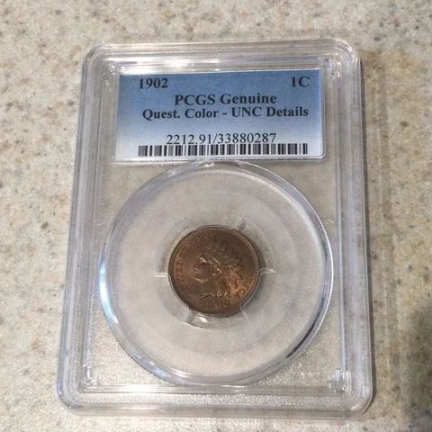 1902 Indian Head Cent PCGS UNC Details Quest. Color Cover